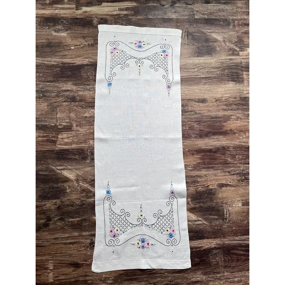 Vintage Hand Embroidered Linen Table Runner, Floral Cottagecore Linen